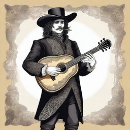 A detailed illustration of a bard male dressed in black attire, featuring a musketeer hat and holding a lute