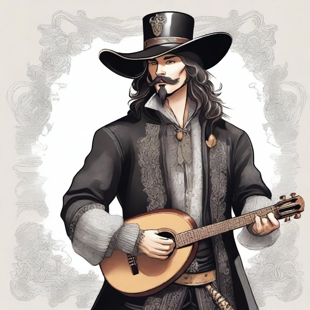 A detailed illustration of a bard male dressed in black attire, featuring a musketeer hat and holding a lute