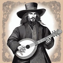 A detailed illustration of a bard male dressed in black attire, featuring a musketeer hat and holding a lute