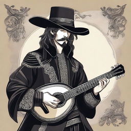 A detailed illustration of a bard male dressed in black attire, featuring a musketeer hat and holding a lute