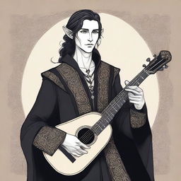 A detailed illustration of a half-elf bard male dressed in black attire, holding a lute