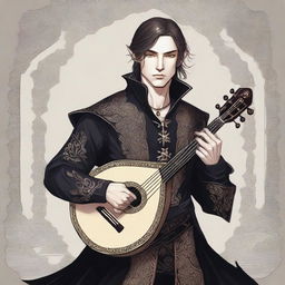 A detailed illustration of a half-elf bard male dressed in black attire, holding a lute