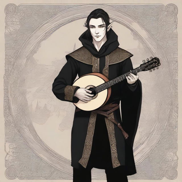 A detailed illustration of a half-elf bard male dressed in black attire, holding a lute