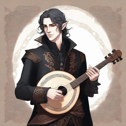 A detailed illustration of a half-elf bard male dressed in black attire, holding a lute