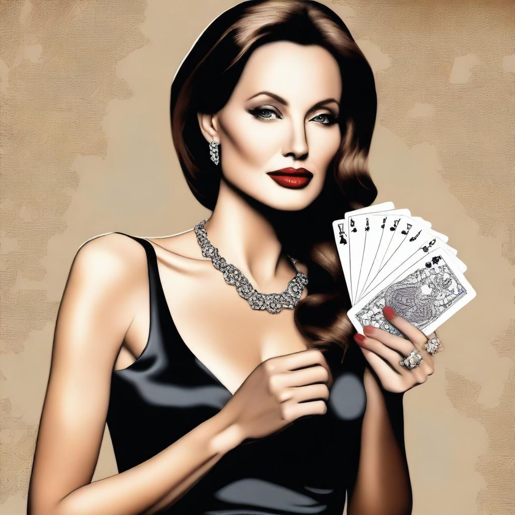 A portrait of Angelina Jolie wearing elegant evening wear, holding a set of playing cards