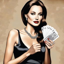 A portrait of Angelina Jolie wearing elegant evening wear, holding a set of playing cards