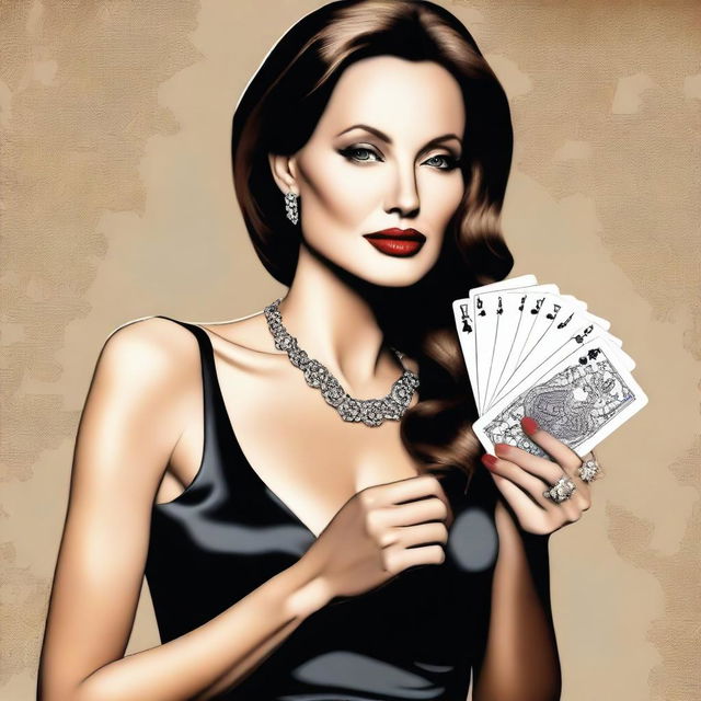 A portrait of Angelina Jolie wearing elegant evening wear, holding a set of playing cards