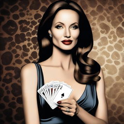 A portrait of Angelina Jolie wearing elegant evening wear, holding a set of playing cards