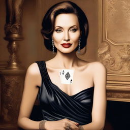 A portrait of Angelina Jolie wearing elegant evening wear, holding a set of playing cards