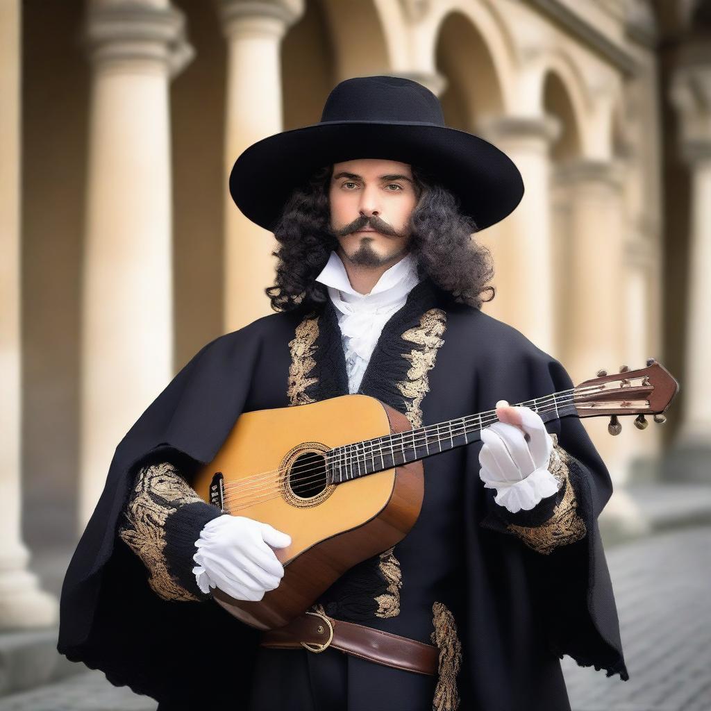 An elegant male musketeer dressed in black attire, holding a lute