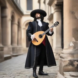 An elegant male musketeer dressed in black attire, holding a lute