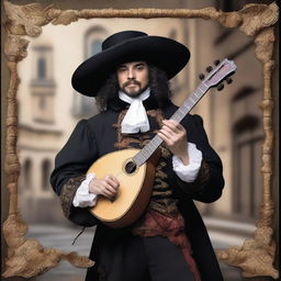 An elegant male musketeer dressed in black attire, holding a lute