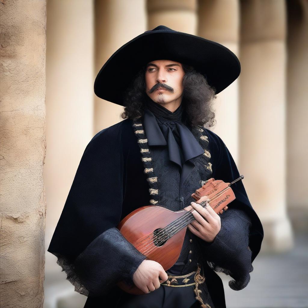 An elegant male musketeer dressed in black attire, holding a lute