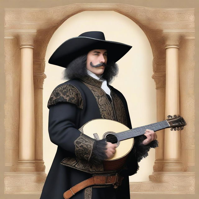 An elegant male beardless musketeer dressed in black attire, holding a lute