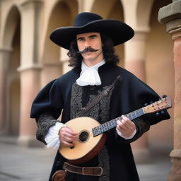 An elegant male beardless musketeer dressed in black attire, holding a lute