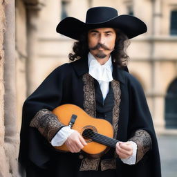 An elegant male beardless musketeer dressed in black attire, holding a lute