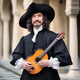 An elegant male beardless musketeer dressed in black attire, holding a lute