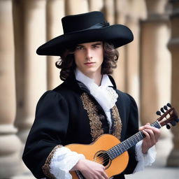 An elegant young male musketeer with a clean-shaven face, dressed in black attire, holding a lute