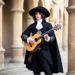 An elegant young male musketeer with a clean-shaven face, dressed in black attire, holding a lute