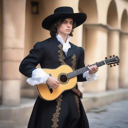 An elegant young male musketeer with a clean-shaven face, dressed in black attire, holding a lute