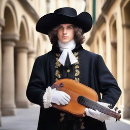 An elegant young male musketeer with a clean-shaven face, dressed in black attire, holding a lute