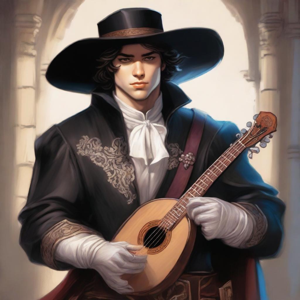 Dungeons & Dragons fantasy art depicting an elegant young male musketeer with a clean-shaven face, dressed in black attire, holding a lute