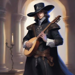 Dungeons & Dragons fantasy art depicting an elegant young male musketeer with a clean-shaven face, dressed in black attire, holding a lute