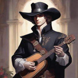 Dungeons & Dragons fantasy art depicting an elegant young male musketeer with a clean-shaven face, dressed in black attire, holding a lute