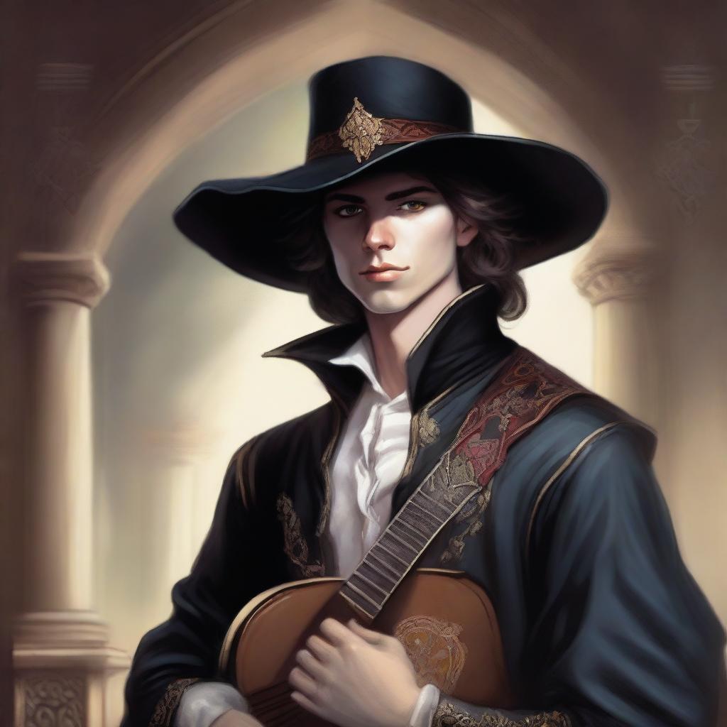 Dungeons & Dragons fantasy art depicting an elegant young male musketeer with a clean-shaven face, dressed in black attire, holding a lute