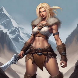 Create a detailed D&D art piece featuring a blonde female barbarian human