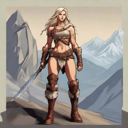 Create a detailed D&D art piece featuring a blonde female barbarian human