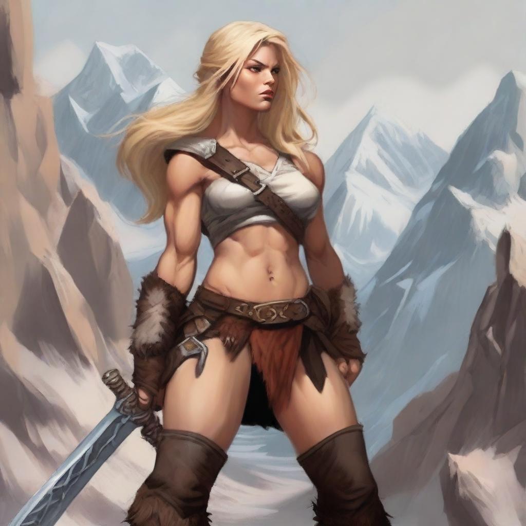 Create a detailed D&D art piece featuring a blonde female barbarian human