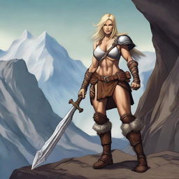 Create a detailed D&D art piece featuring a blonde female barbarian human