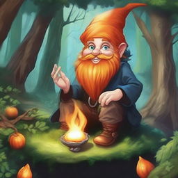 Create a detailed D&D art piece featuring an orange-haired male gnome illusionist