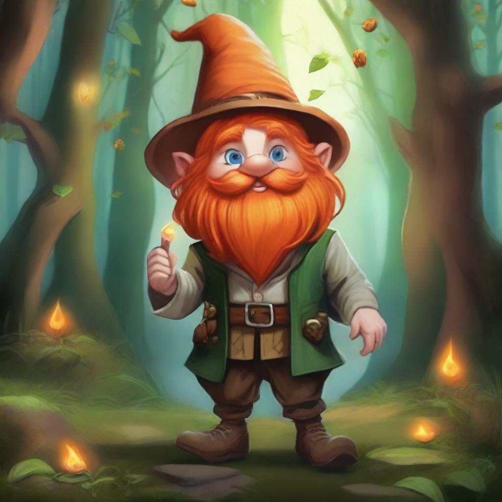 Create a detailed D&D art piece featuring an orange-haired male gnome illusionist