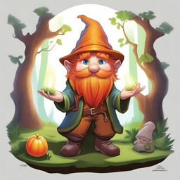 Create a detailed D&D art piece featuring an orange-haired male gnome illusionist