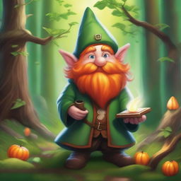 Create a detailed D&D art piece featuring an orange-haired male gnome illusionist