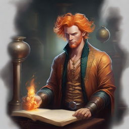 Create a detailed D&D fantasy art piece featuring an orange-haired male illusionist with wild, untamed hair