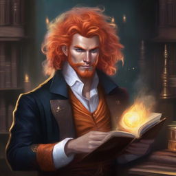 Create a detailed D&D fantasy art piece featuring an orange-haired male illusionist with wild, untamed hair