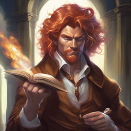 Create a detailed D&D fantasy art piece featuring an orange-haired male illusionist with wild, untamed hair