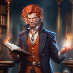 Create a detailed D&D fantasy art piece featuring an orange-haired male illusionist with wild, untamed hair