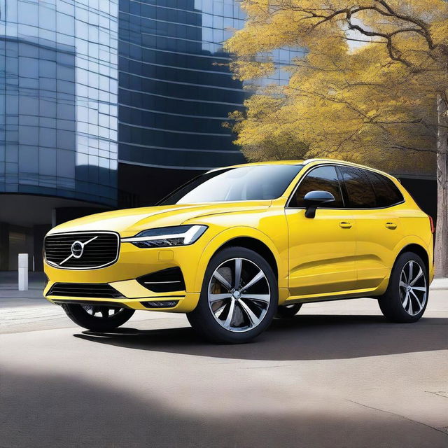 A detailed image of a blue Volvo XC60 with yellow Polestar brake calipers