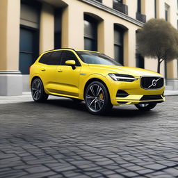 A detailed image of a blue Volvo XC60 with yellow Polestar Engineered brake calipers