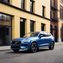 A detailed image of a blue Volvo XC60 with yellow Polestar Engineered brake calipers