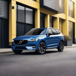 A detailed image of a blue Volvo XC60 with yellow Polestar Engineered brake calipers