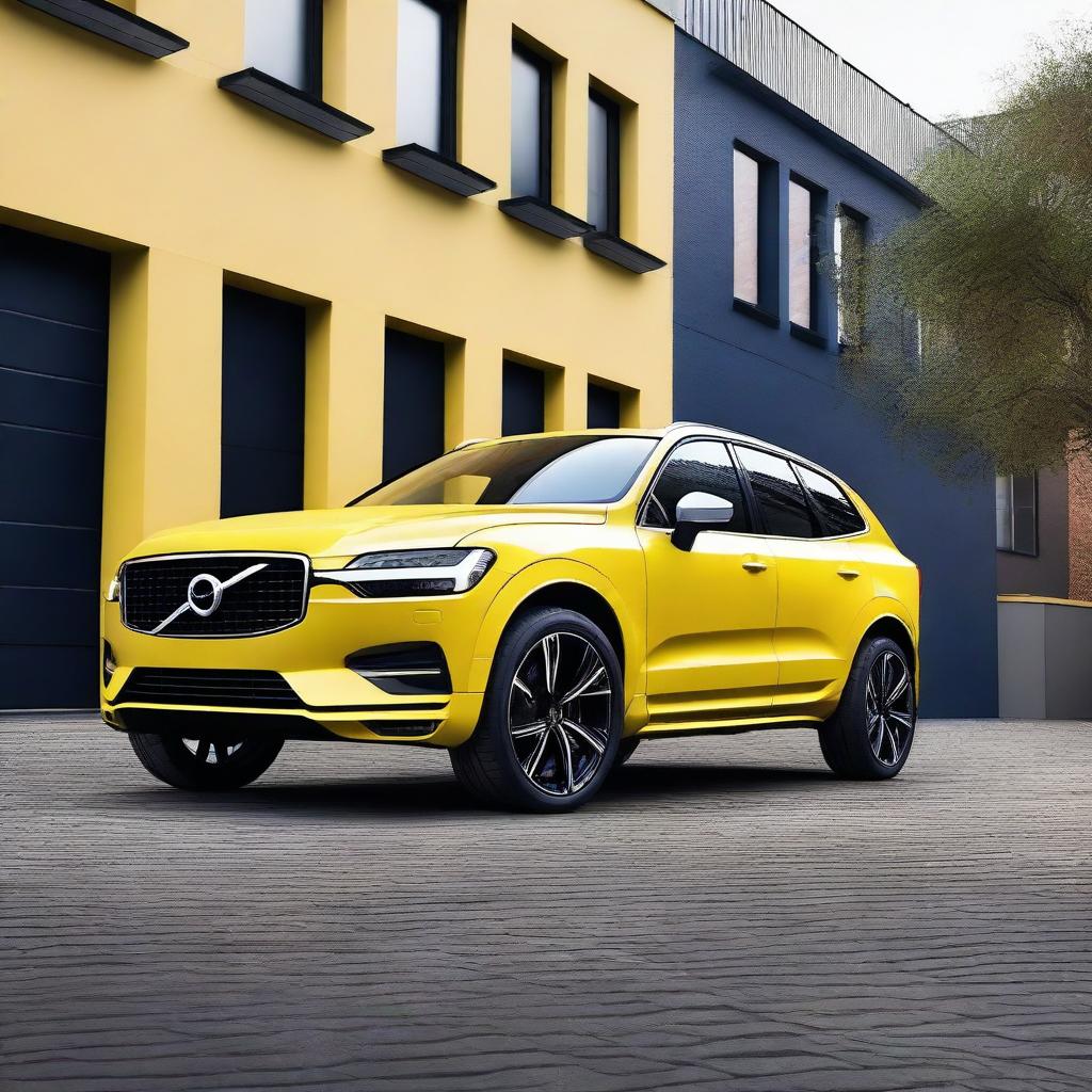 A detailed image of a blue Volvo XC60 with yellow Polestar Engineered brake calipers