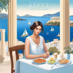 Create a book cover featuring women and a sailor sitting at a table with Greek food