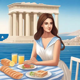 Create a book cover featuring women and a sailor sitting at a table with Greek food