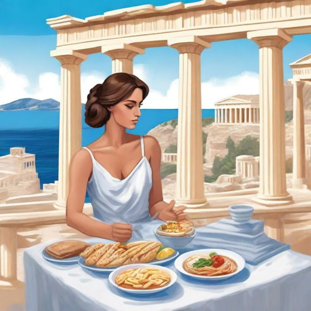 Create a book cover featuring women and a sailor sitting at a table with Greek food