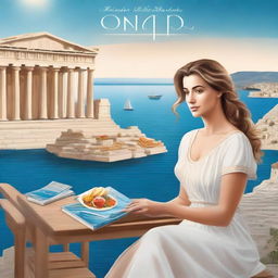 Create a book cover featuring women and a sailor sitting at a table with Greek food